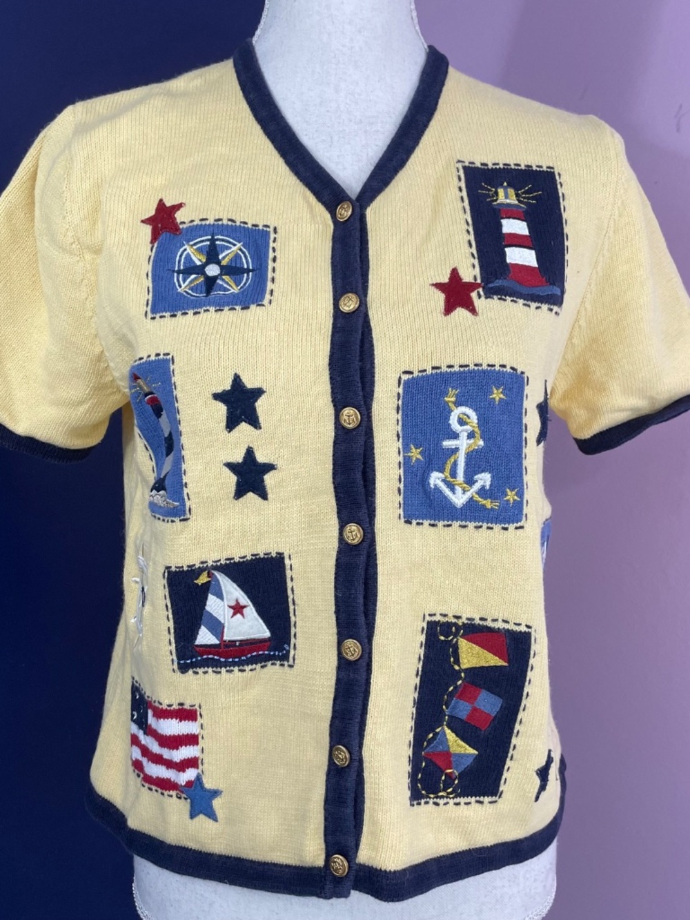 Lighthouse Embroidered Patch Cardigan M Nautical Sailor Anchor Patriotic Stars